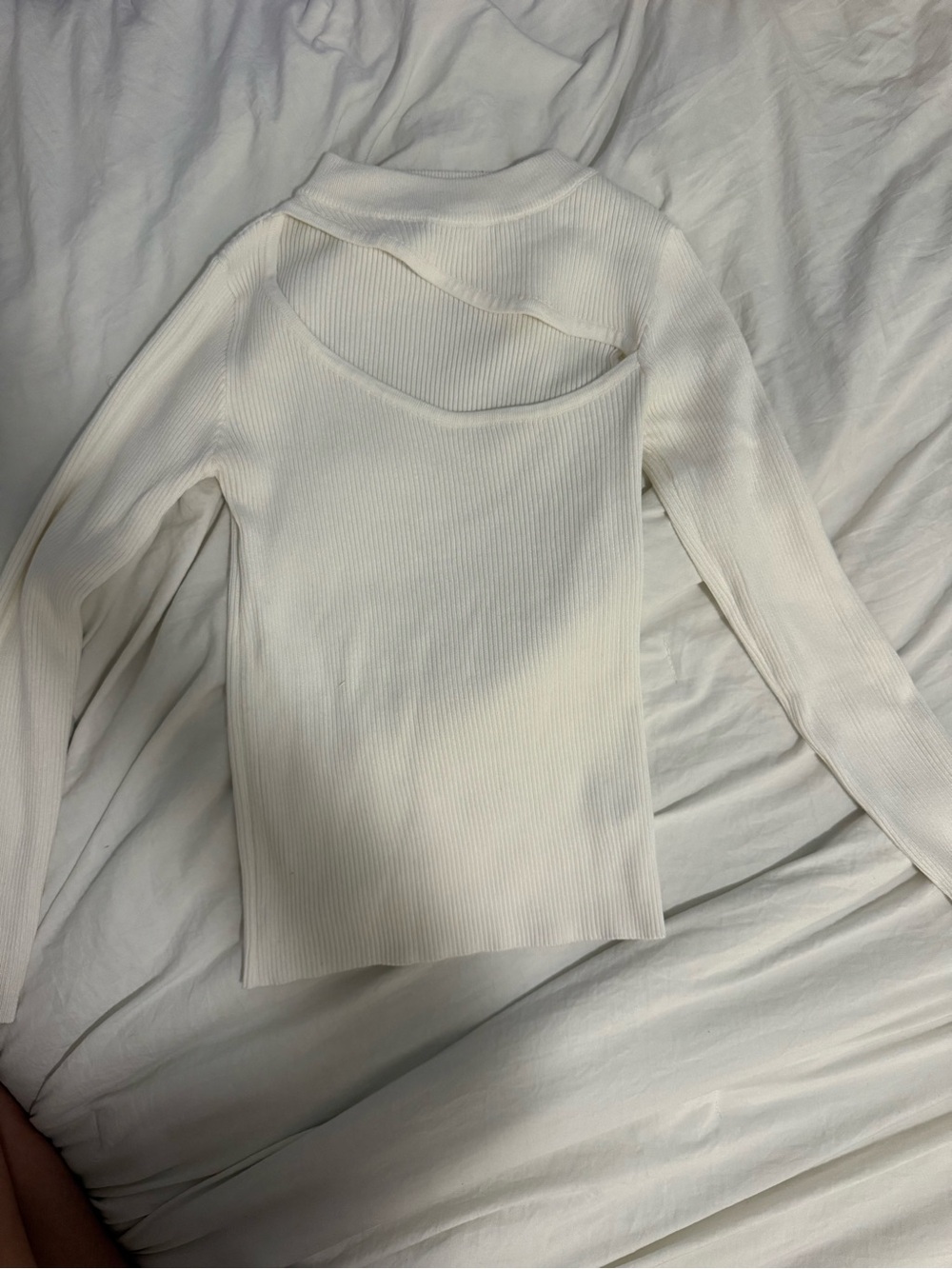SHEIN Cream Ribbed Long-Sleeve Cutout Top